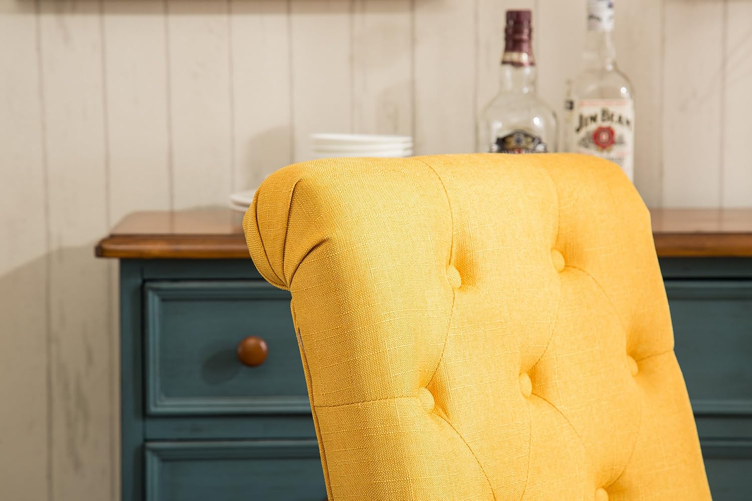 Roundhill Furniture Habit Solid Wood Tufted Parsons Yellow Dining Chair, Set of 2,