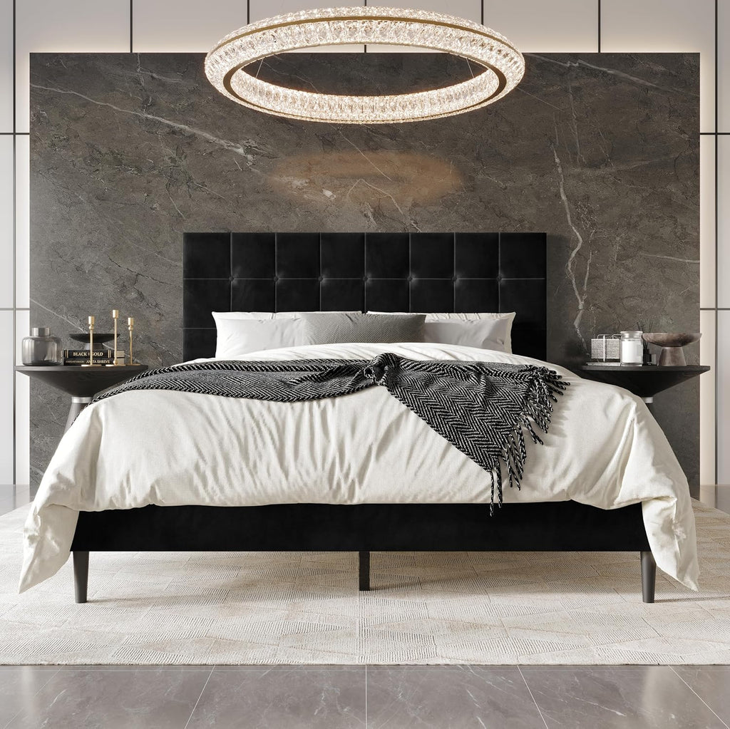 HOME DESIGN Marion Queen Tufted Upholstered Platform Bed with Grid-Tufted Tall Headboard & Wooden Slat Support, Modern Bedroom Furniture, Black
