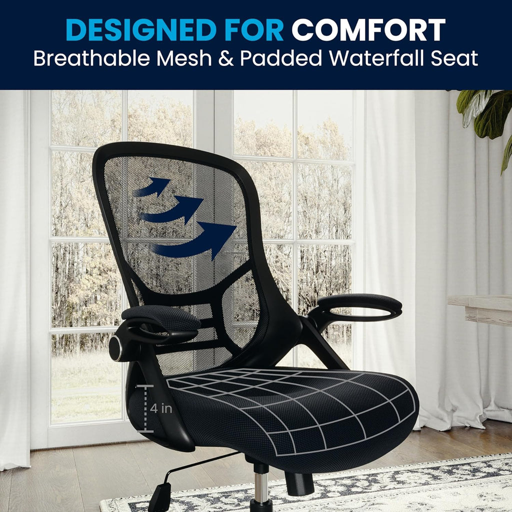 Flash Furniture Porter High-Back Swivel Office Chair with Adjustable Lumbar Support and Seat Height, Ergonomic Mesh Desk Chair with Flip-Up Armrests, Black