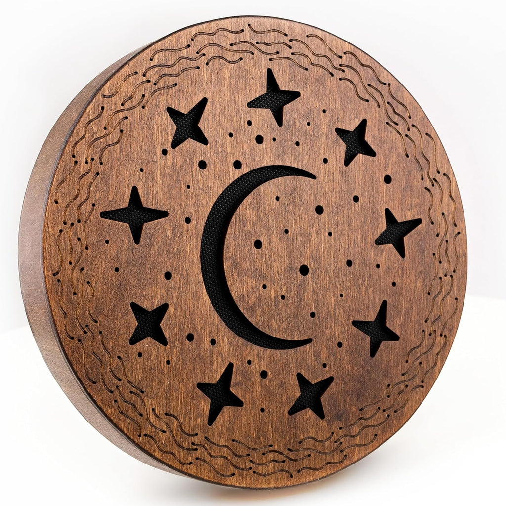 Rain-Fall Disc, 8.6 Inch (22 cm) Wooden Ocean Drum, Gentle Rain Sound for Sound Bath, Meditation & Sound Healing, Moon, Stars & Woman Design
