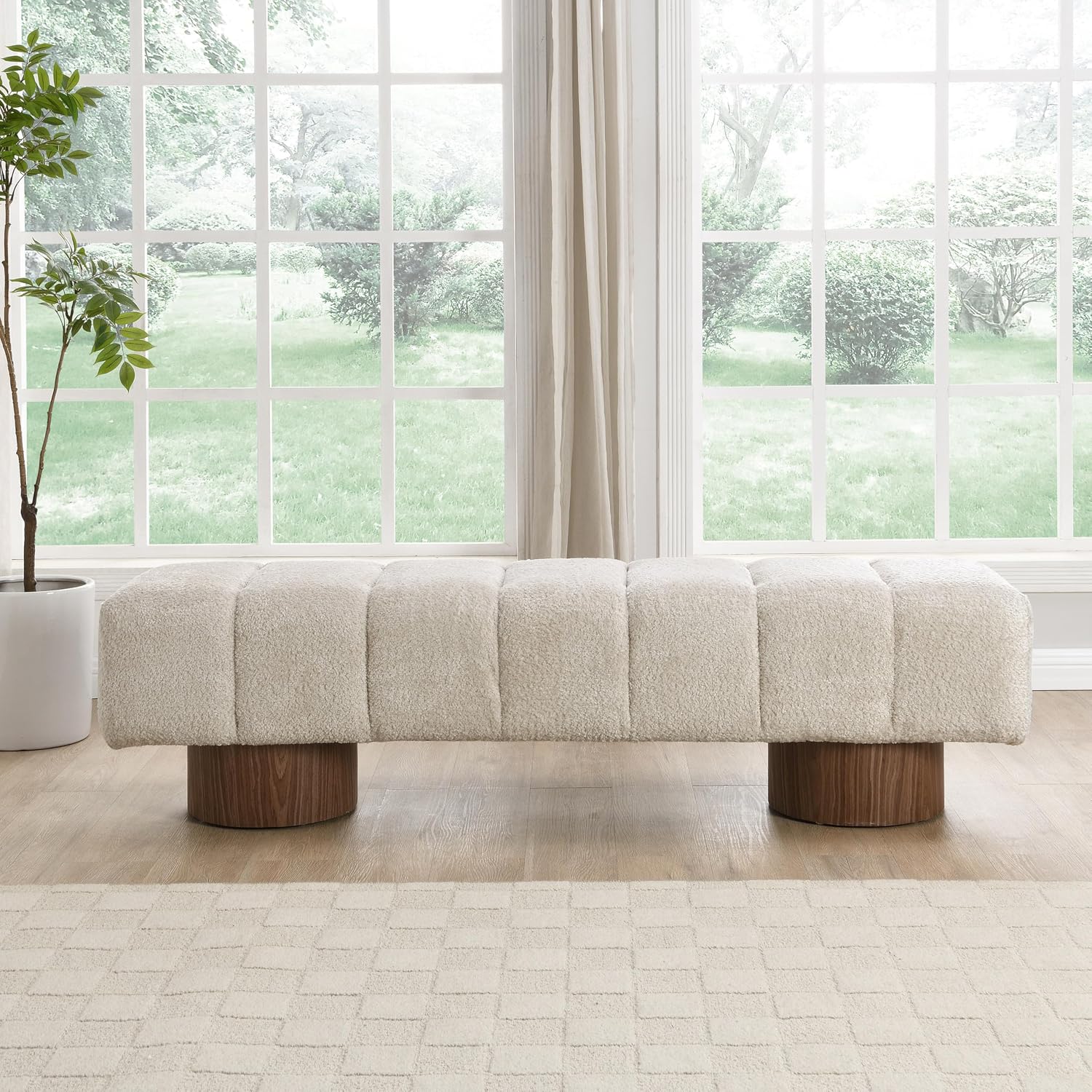 Christopher Knight Home Manila 64' Boucle Dining Bench, Upholstered Ottoman Bench, Rectangular Dining Seat, Spacious Seating, Long Footstool for Living Room Dining Room, No Assembly Needed, Beige