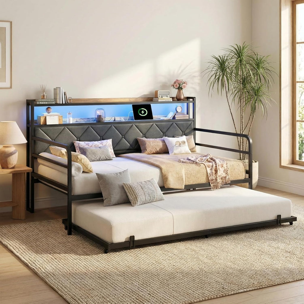 LIKIMIO Twin Daybed with Trundle, 700lbs Capacity, LED Lights & Charging Station, Twin Bed Frame with Storage, Convertible Sofa Bed for Bedroom, Living Room, Black