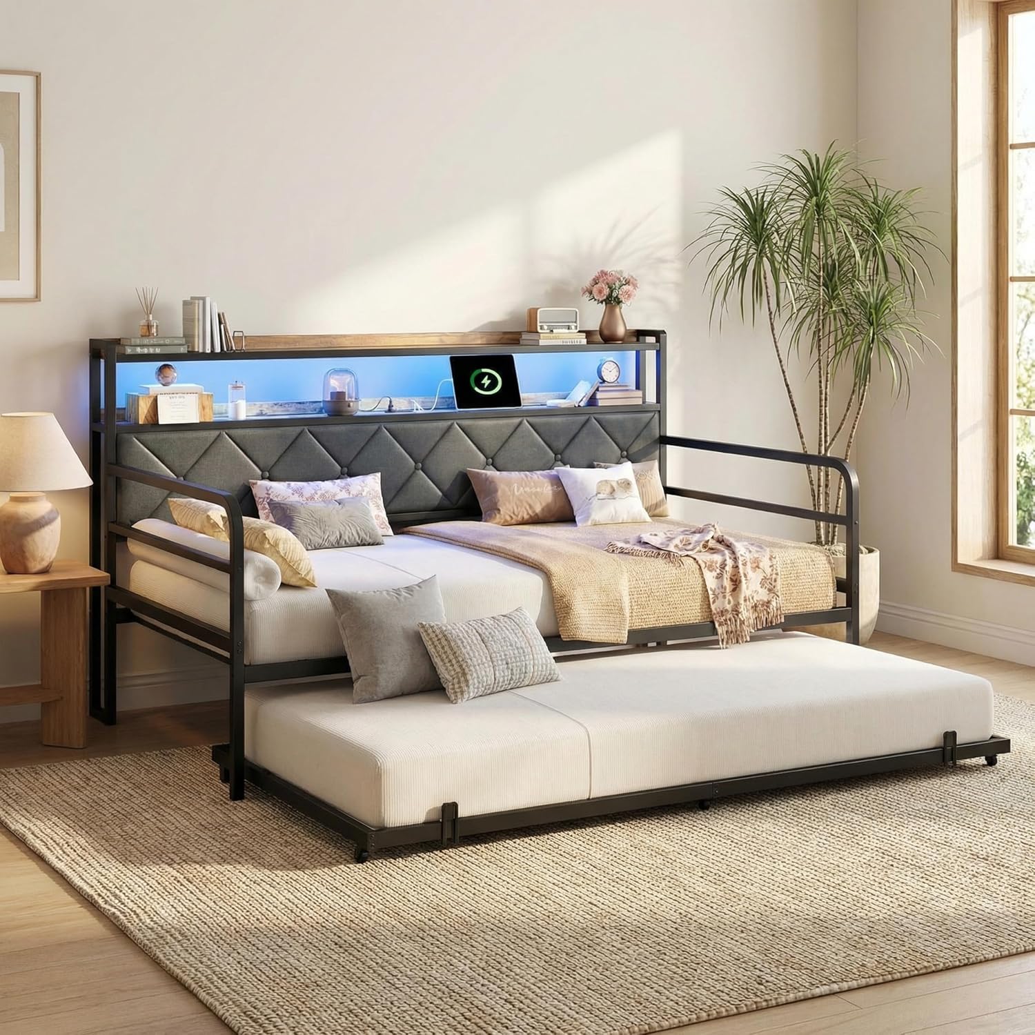 LIKIMIO Twin Daybed with Trundle, 700lbs Capacity, LED Lights & Charging Station, Twin Bed Frame with Storage, Convertible Sofa Bed for Bedroom, Living Room, Black