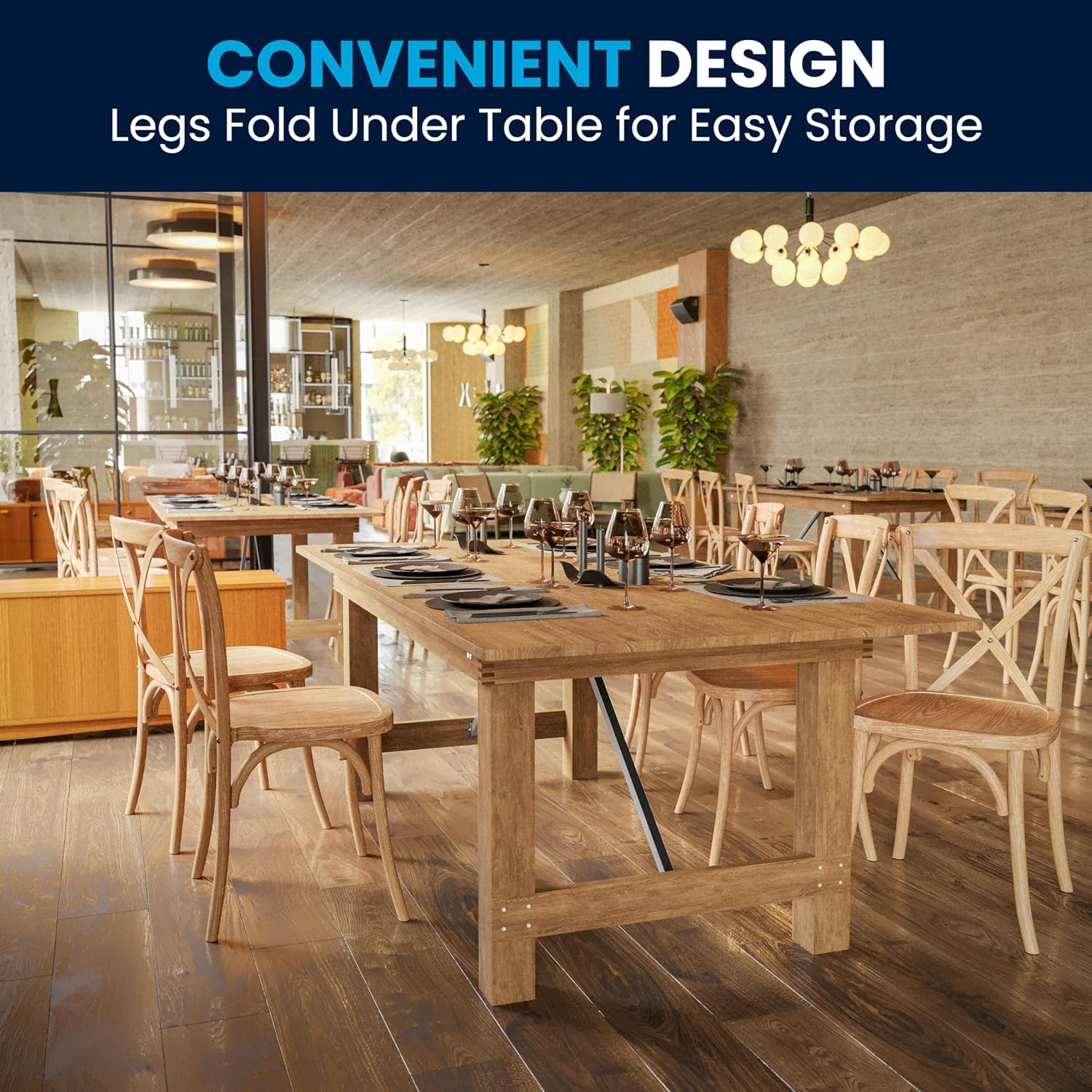 Flash Furniture Hercules Series 7' x 40' Rustic Solid Pine Folding Dining Table, Rectangular Antique Farmhouse Dining and Event Extension Table