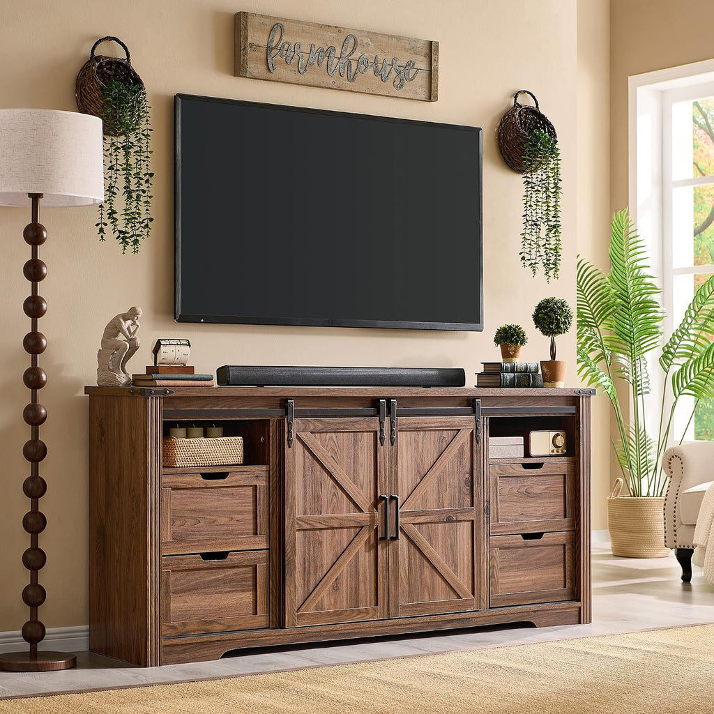 JXQTLINGMU Farmhouse TV Stand for 75+ Inch TV, 32' Tall Entertainment Center w/4 Drawers & Sliding Barn Door, Rustic Media Console w/Storage Shelves, 66' Wood Television Stand for Living Room, Brown