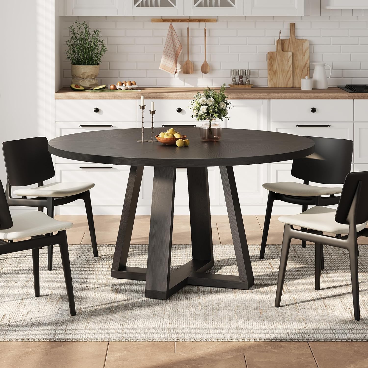 IDEALHOUSE 47 Inch Round Dining Table for 4-6 People, Circle Kitchen Table with Cross Base, Farmhouse Wood Dinner Table for Apartment, Black