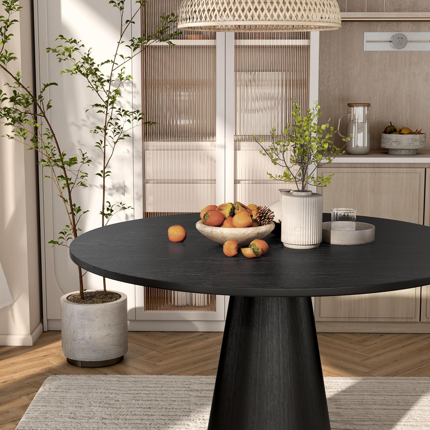 Furniture of America Lestara Modern Solid Wood 48-inch Round Dining Table with Tapered Pedestal Base, Seats up to 4, Easy Assembly, for Home, Kitchen, Living Room, Black