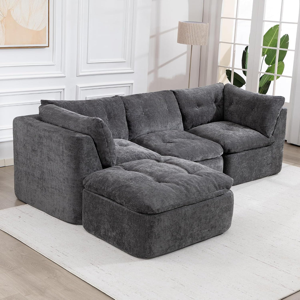 Tufted Cushions Cloud Sectional Boneless Sectional Sofa with Movable Ottoman, 112' Oversized Modular Convertible L Shaped Corner Couch with Deep Seat,Memory Foam Compressed Sofa