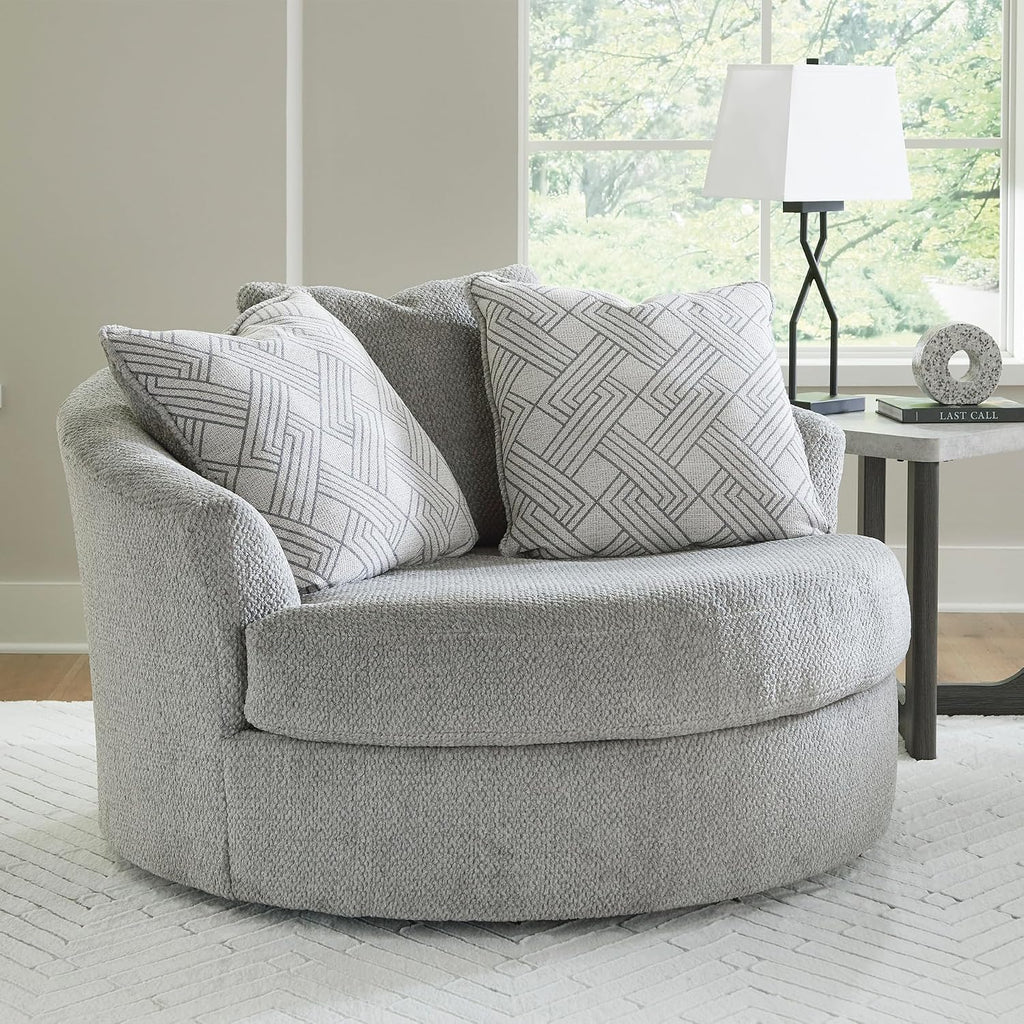 Signature Design by Ashley Casselbury Contemporary Upholstered Oversized Swivel Accent Chair with 3 Throw Pillows, Light Gray