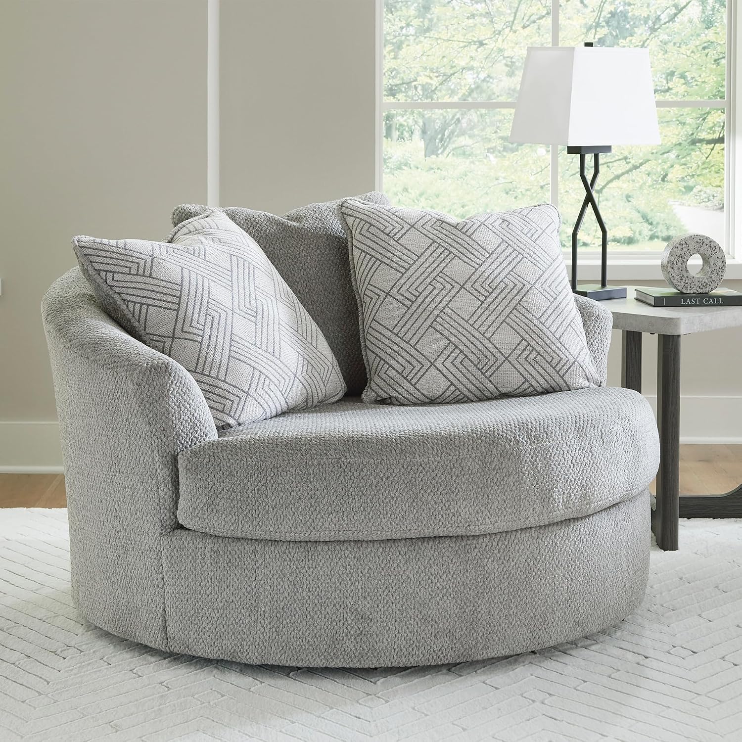 Signature Design by Ashley Casselbury Contemporary Upholstered Oversized Swivel Accent Chair with 3 Throw Pillows, Light Gray