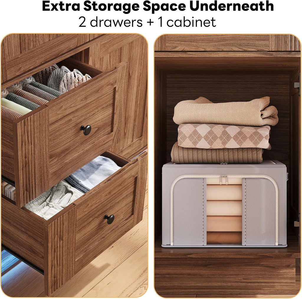 LIKIMIO Farmhouse Wardrobe Closet with Doors, 70' Bedroom Armoires with LED Lights and Hanging Rod, Wooden Large Wardrobe Cabinet with 2 Drawers and 1 Cabinet, Walnut