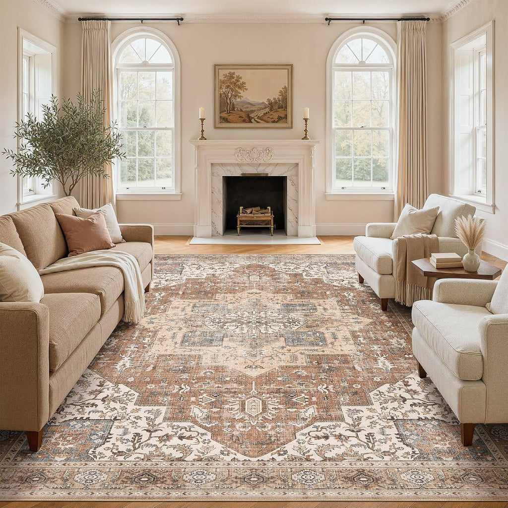 Washable Rug 12x15 Area Rugs: Boho Vintage Distressed Oriental Medallion Neutral Thin Large Rug Carpet for Living Room Bedroom Dining Room Home Office Decor - Brick Red