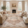 Washable Rug 12x15 Area Rugs: Boho Vintage Distressed Oriental Medallion Neutral Thin Large Rug Carpet for Living Room Bedroom Dining Room Home Office Decor - Brick Red