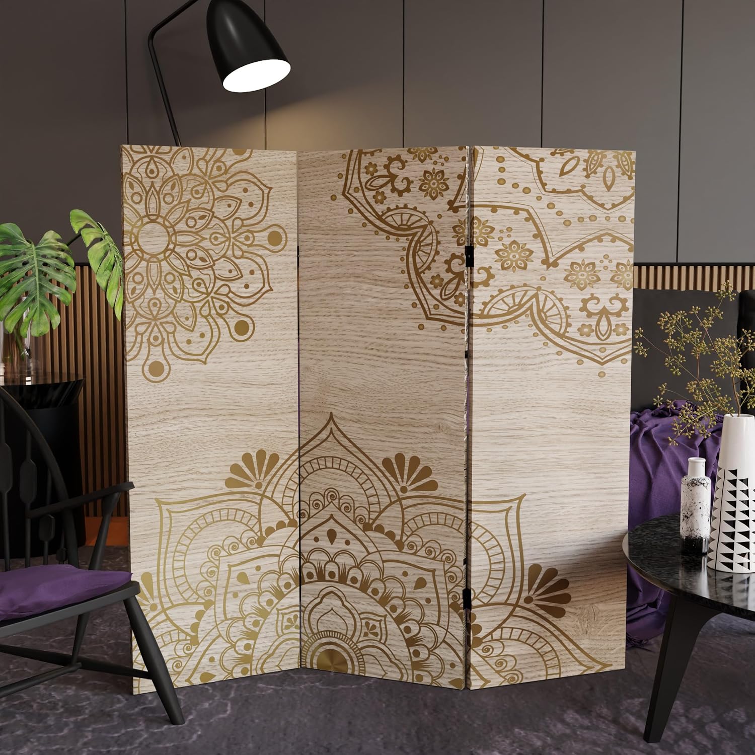 Red Lantern 4 ft. Short Double Sided Mandala on Oak Canvas Folding Screen 3 Panel Freestanding Partition and Separator for Modern and Contemporary Bedroom, Home Office, Studio, Dorm, Apartment