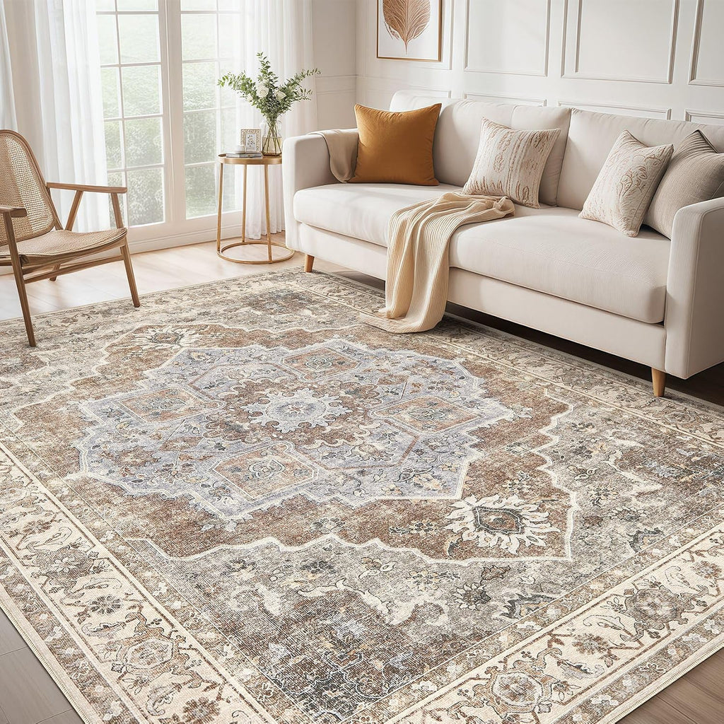 9x12 Washable Area Rug: Vintage Neutral Soft Non Slip Thin Large Floor Carpet for Living Room Bedroom Kitchen Dining Room Home Office Farmhouse Indoor - Grey Brown