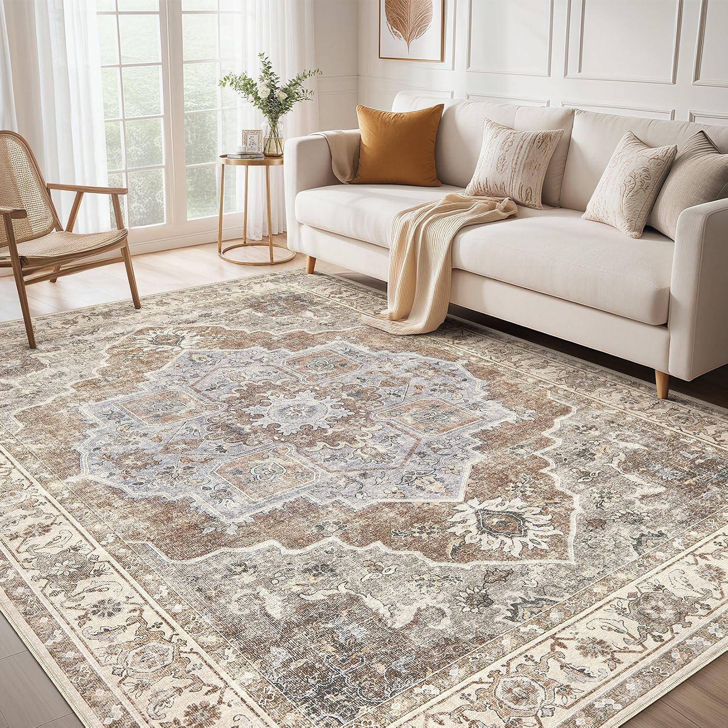 9x12 Washable Area Rug: Vintage Neutral Soft Non Slip Thin Large Floor Carpet for Living Room Bedroom Kitchen Dining Room Home Office Farmhouse Indoor - Grey Brown