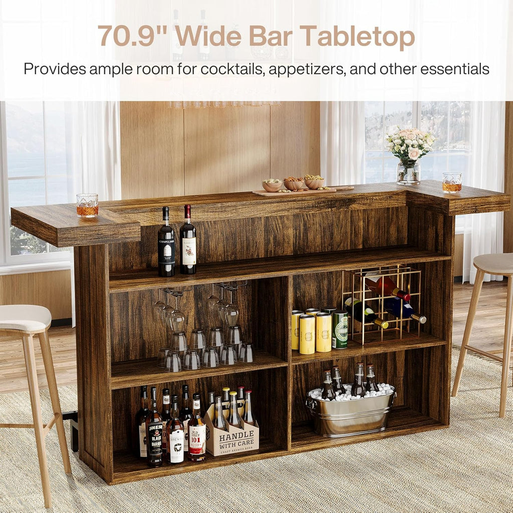 Tribesigns 4-Tier Bar Table, 70.9-Inch Large Wood Home Bar Unit with Wine Glass Holder and Black Footrest, Pub Table with Storage Shelves for Kitchen, Indoor, Brown