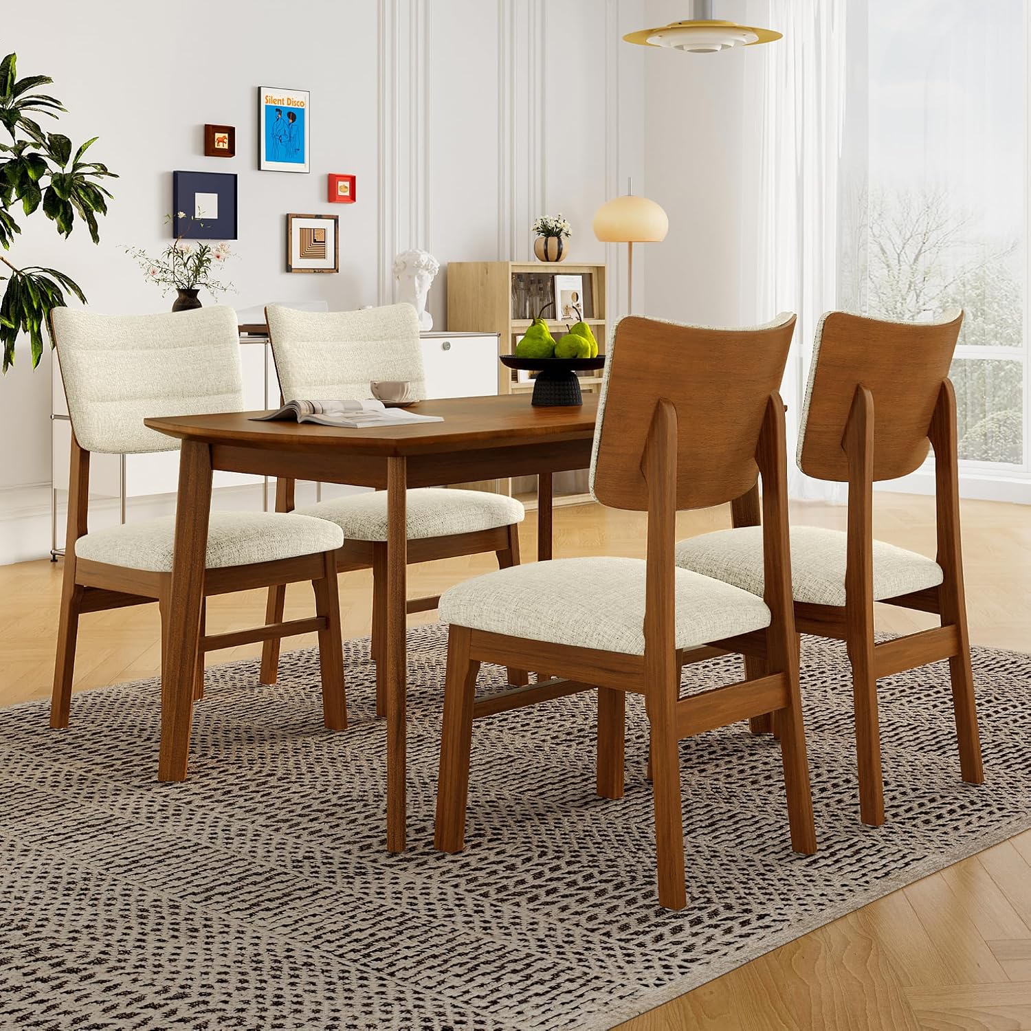 Merax 5 Piece Solid Wood Dining Table Set, Farmhouse Mid-Century Modern Table & 4 Upholstered Chairs for Home, Kitchen, Apartment, Space Saving, Brown+Biege