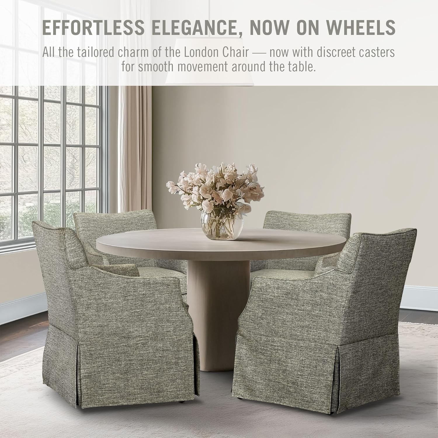 Martha Stewart London Dining Chair - Solid Wood & Plywood, Skirted Metal Base Accent Armchair, Lumbar Pillow -Modern Classic Family Dining Room Furniture 25' W x 26' D x 34' H, Grey