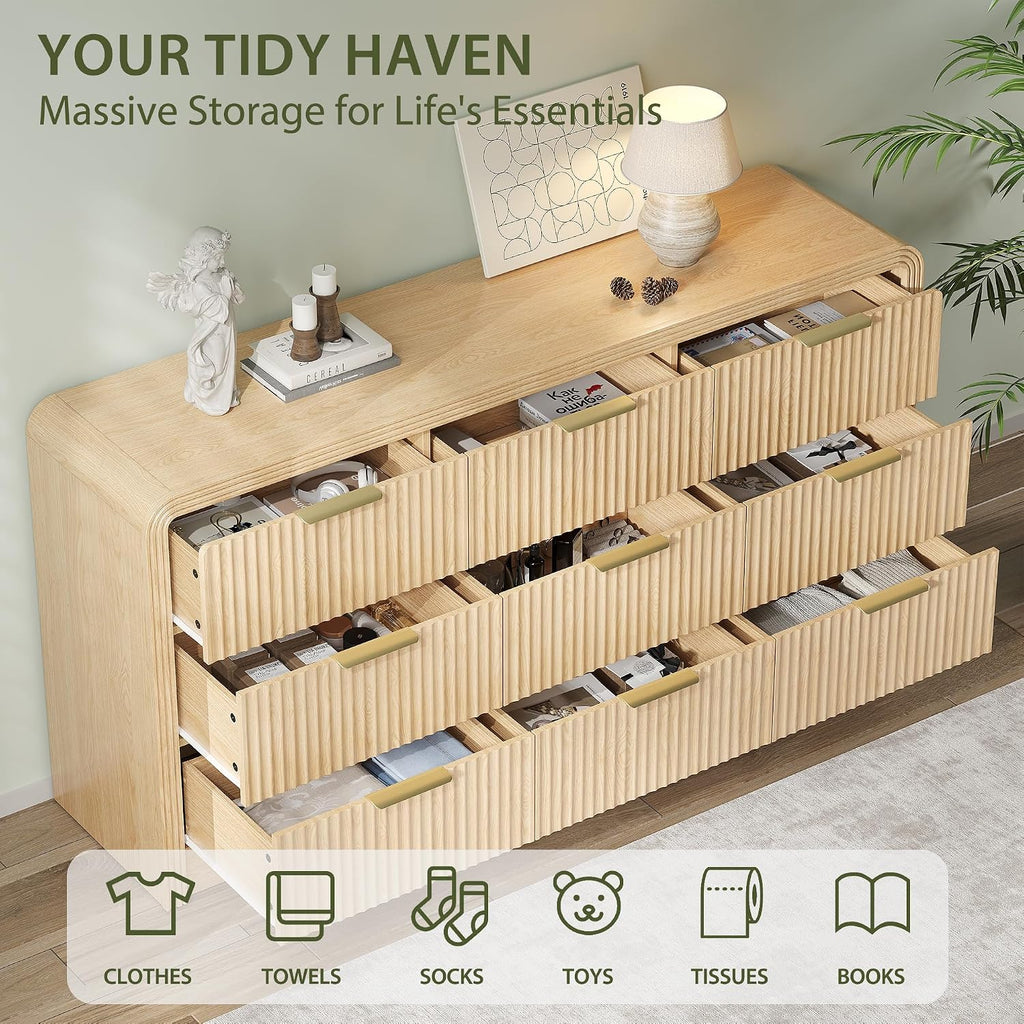 Decofy Fluted 9 Drawers Dresser, 63'' Wide Modern Chest of Drawers with Round Edge & Metal Handle, Wood Drawer Organizer for Bedroom, Living Room, Oak