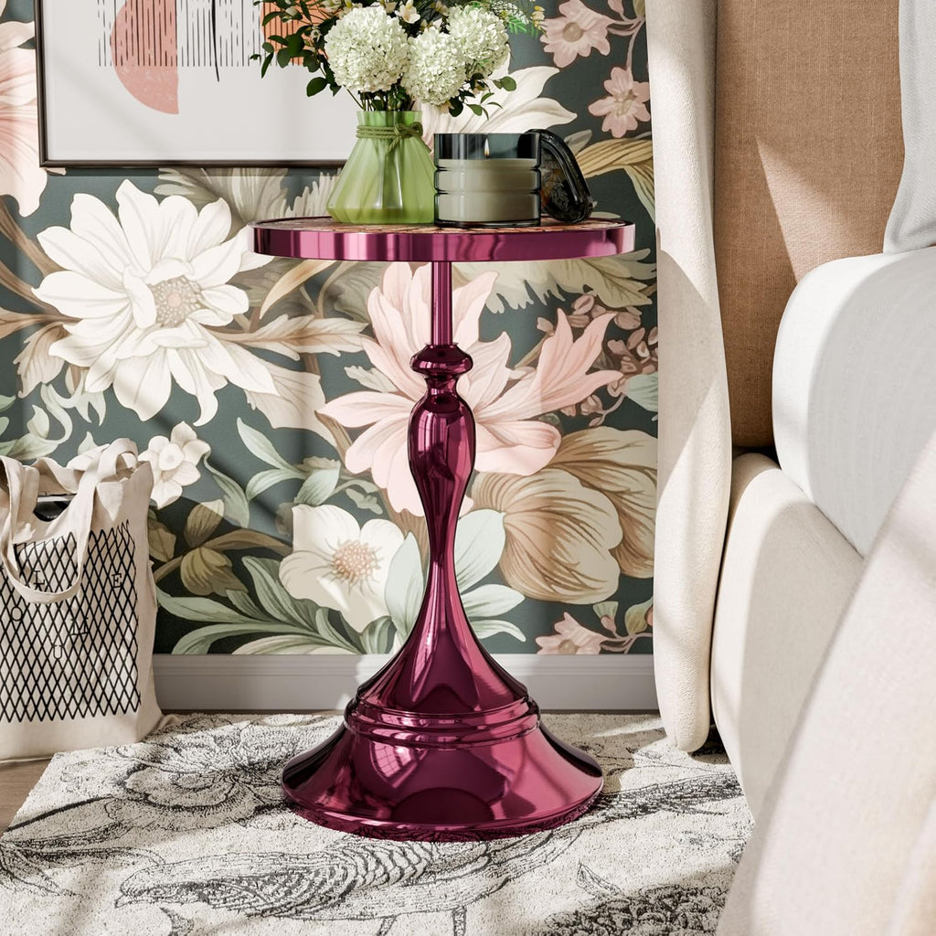 Homes: Inside + Out Halric Modern 24' Tall Round End Table with Decorated Tabletop and Iron Metal Base, Accent Furniture, Elegant Pedestal Stand for Living Room, Home Office, Chrome Purple
