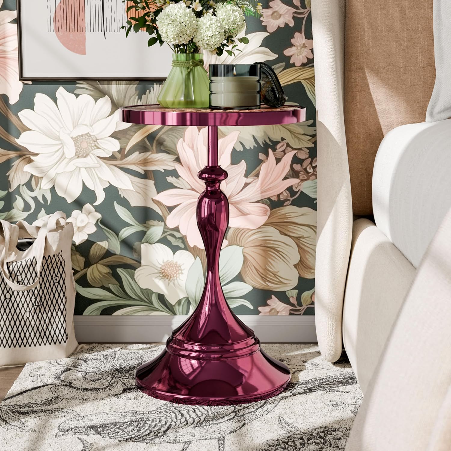 Homes: Inside + Out Halric Modern 24' Tall Round End Table with Decorated Tabletop and Iron Metal Base, Accent Furniture, Elegant Pedestal Stand for Living Room, Home Office, Chrome Purple