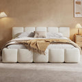 Christopher Knight Home Hazel King Size Platform Bed, Boucle Thick Headboard and Footboard, Upholstery Grounded Beds, Block Style, Wood Slats Panel Support, No Spring Box Needed, Easy Assembly, White