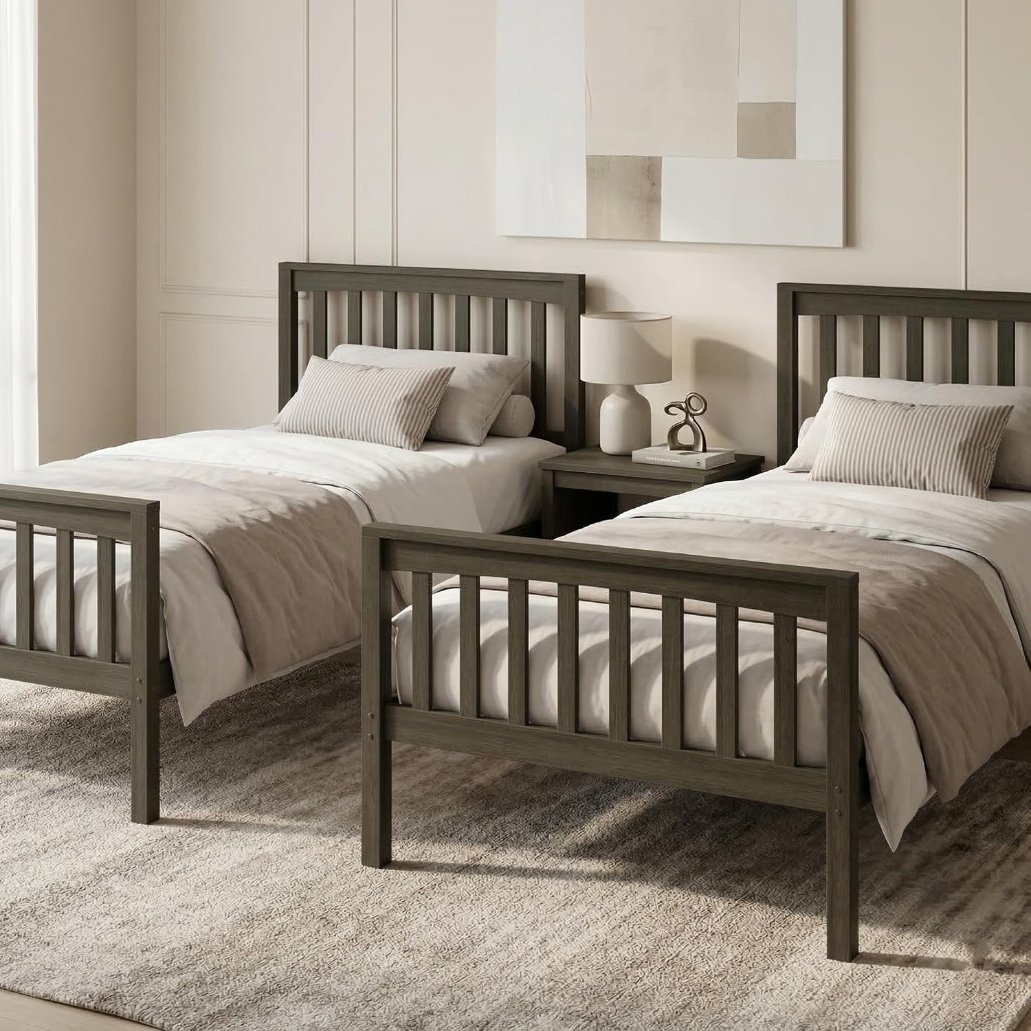 HOME DESIGN Ames Twin Over Twin Solid Wood Standard Bunk Bed with Guardrails and Ladder, Convertible to Two Twin Beds, Gray