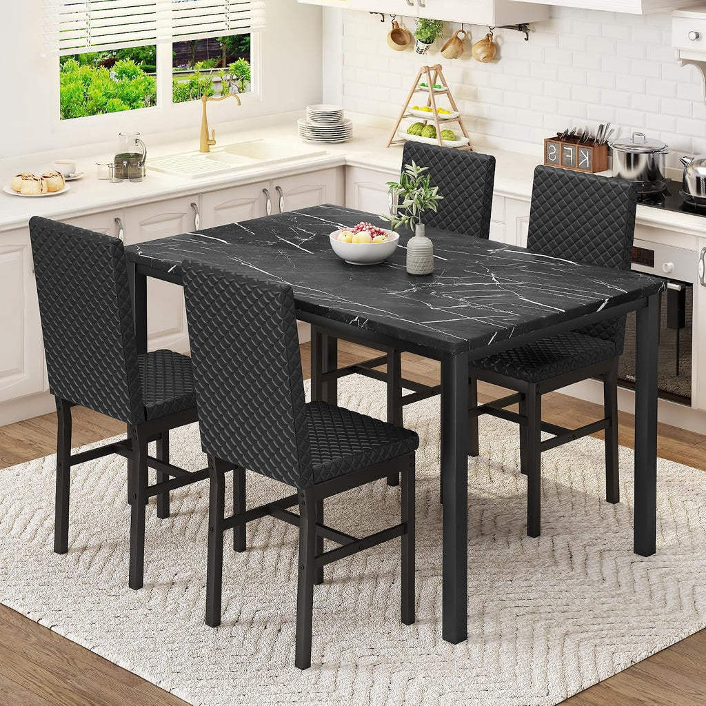 DKLGG Dining Table Set for 4, Faux Marble Kitchen Table with Velvet Upholstered Dinner Chairs, Small Dining Room Sets for Small Space Apartment Home