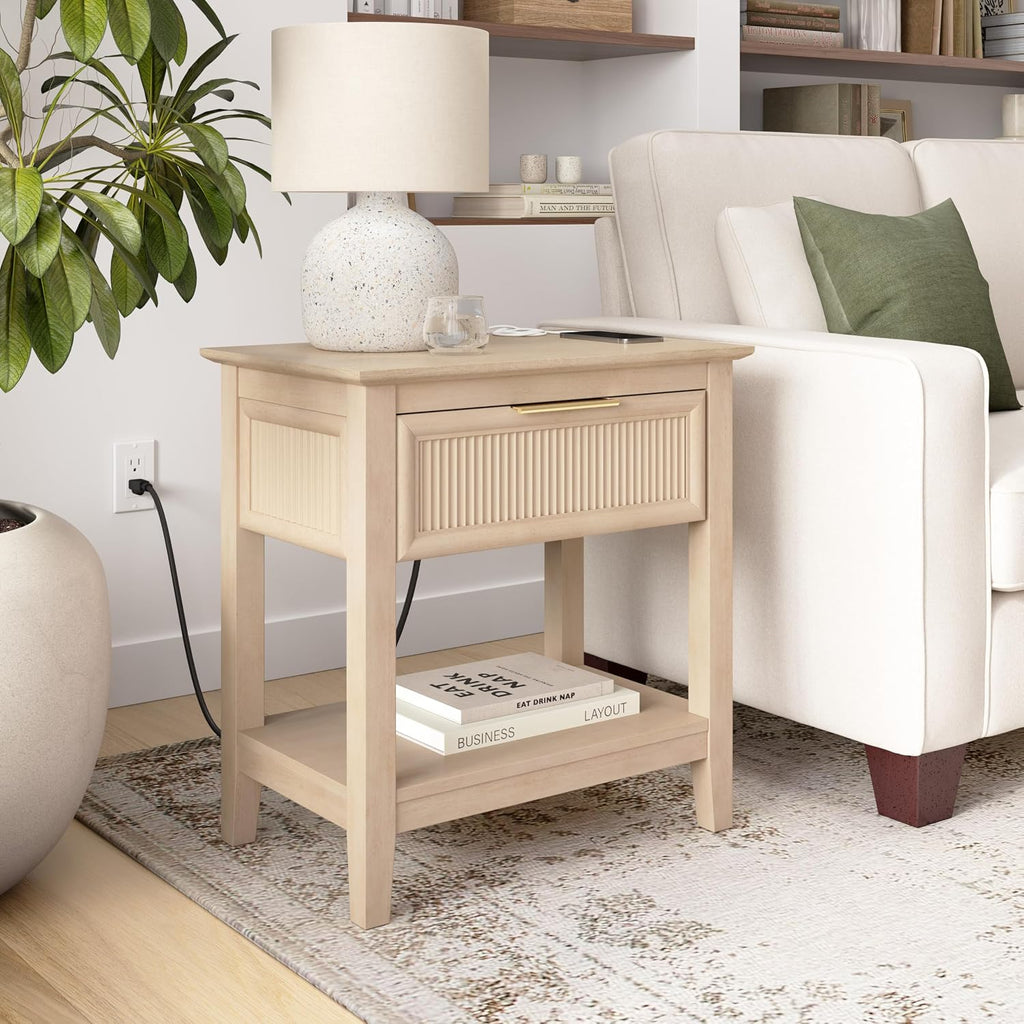 Bush Home Fluted Nightstand with Drawer, Bedroom Furniture, Camille Collection, Natural Birch Beige