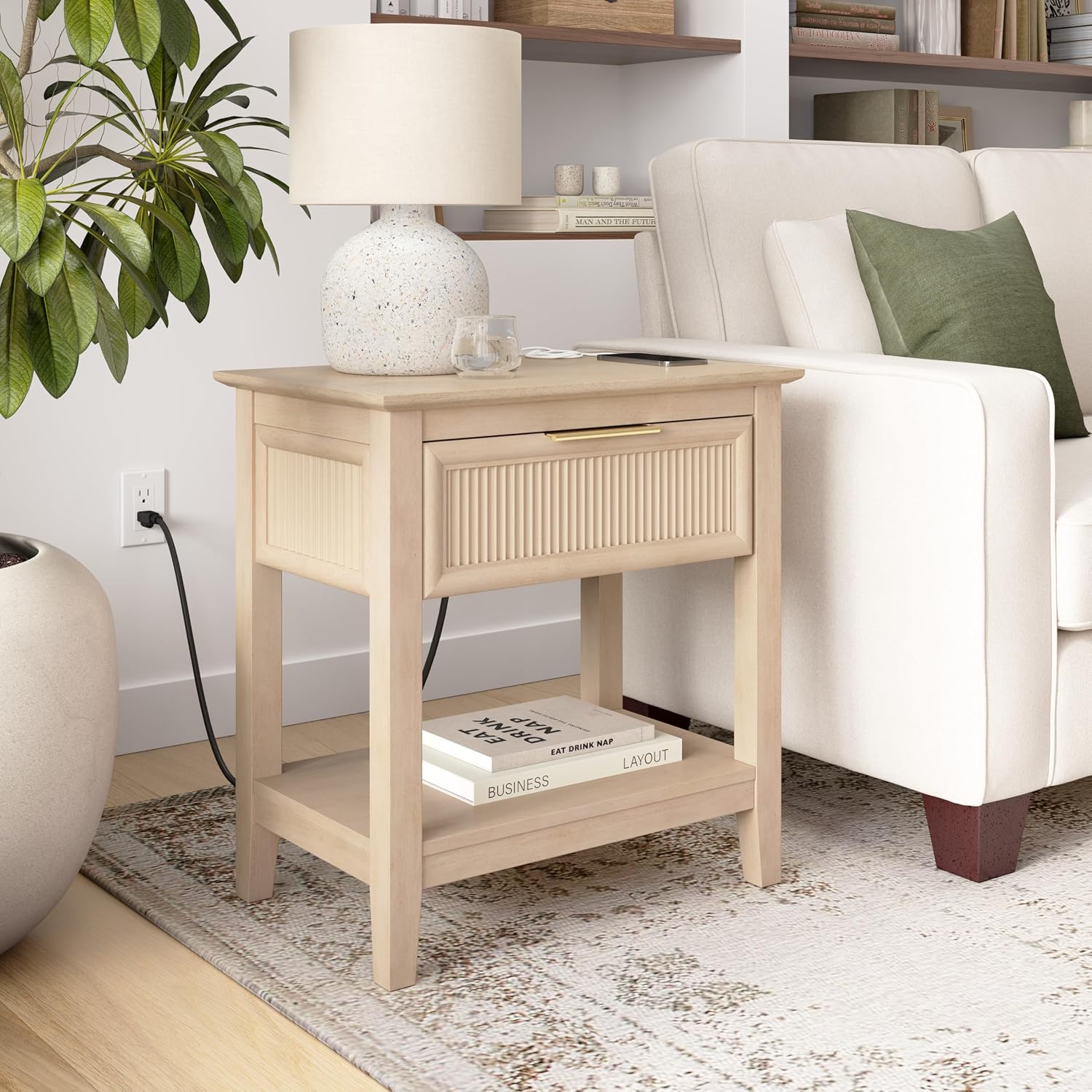 Bush Home Fluted Nightstand with Drawer, Bedroom Furniture, Camille Collection, Natural Birch Beige