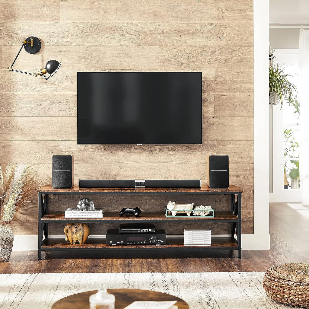 VASAGLE TV Table for up to 65 Inches TVs, Media TV Console with Shelves, Farmhouse Industrial, TV Stand for Living Room, 57.9 x 15.7 x 19.7 Inches, Rustic Brown and Black ULTV100B01