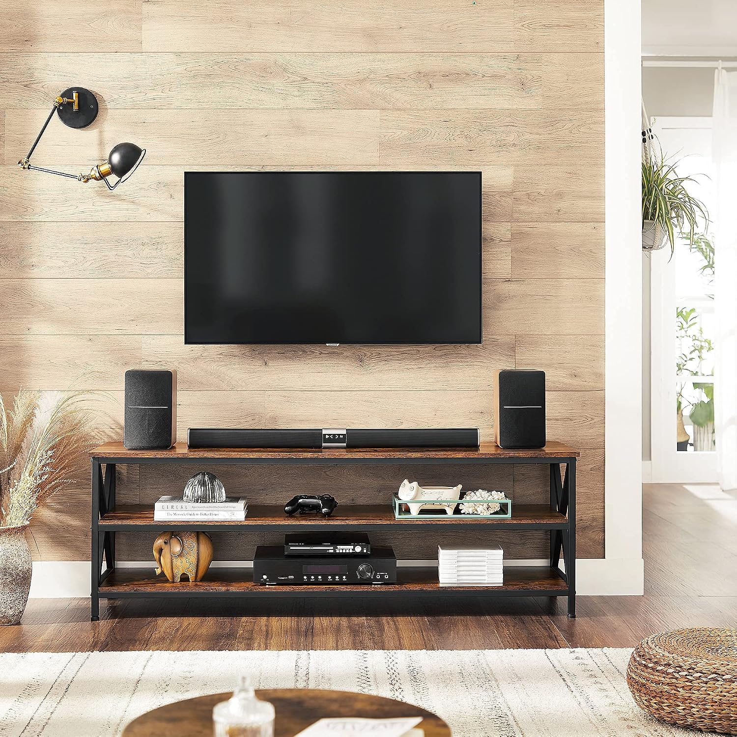 VASAGLE TV Table for up to 65 Inches TVs, Media TV Console with Shelves, Farmhouse Industrial, TV Stand for Living Room, 57.9 x 15.7 x 19.7 Inches, Rustic Brown and Black ULTV100B01