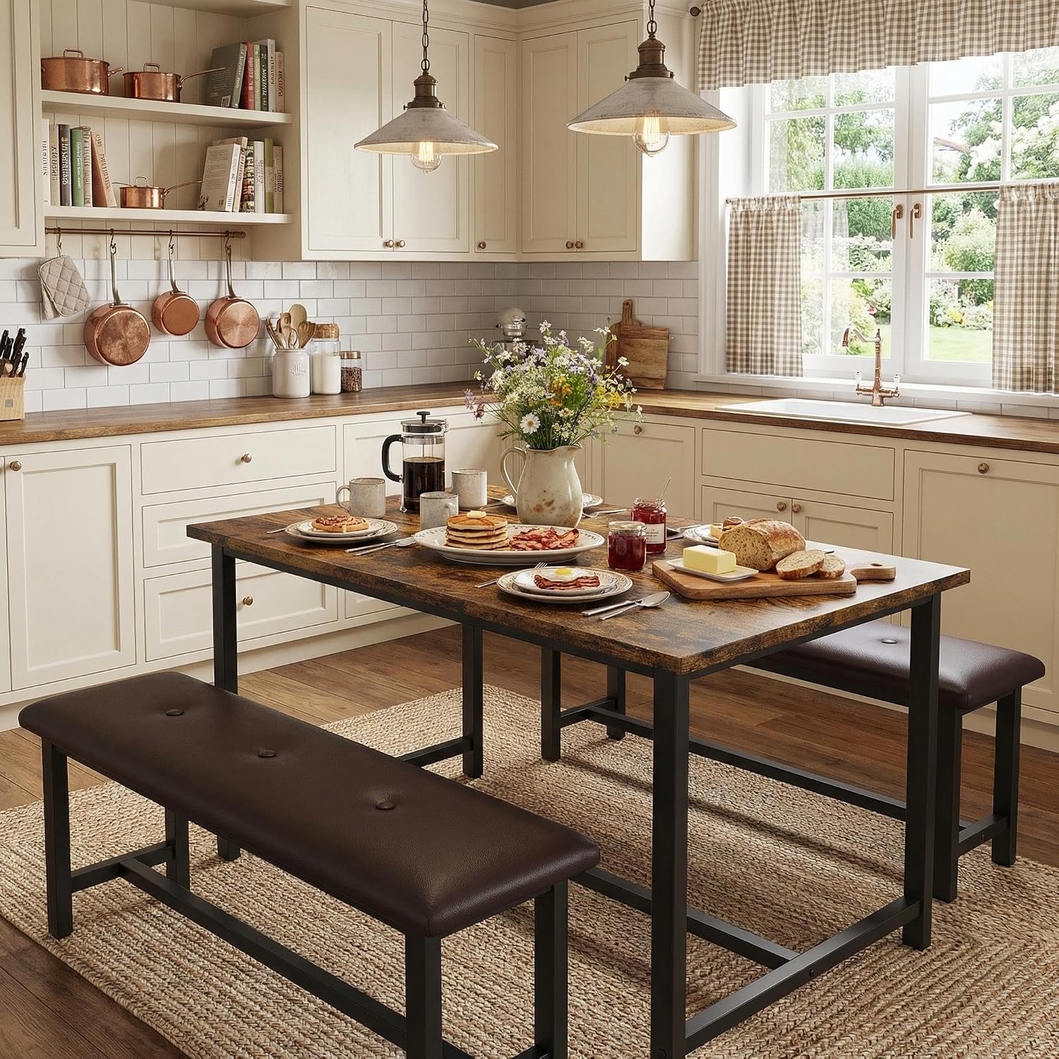 GarveeHome Dining Table Set for 4, Kitchen Table with 2 Upholstered Benches, Wood Kitchen Dining Room Set, for Small Space, Apartment, Home, Dinner, Retro Brown