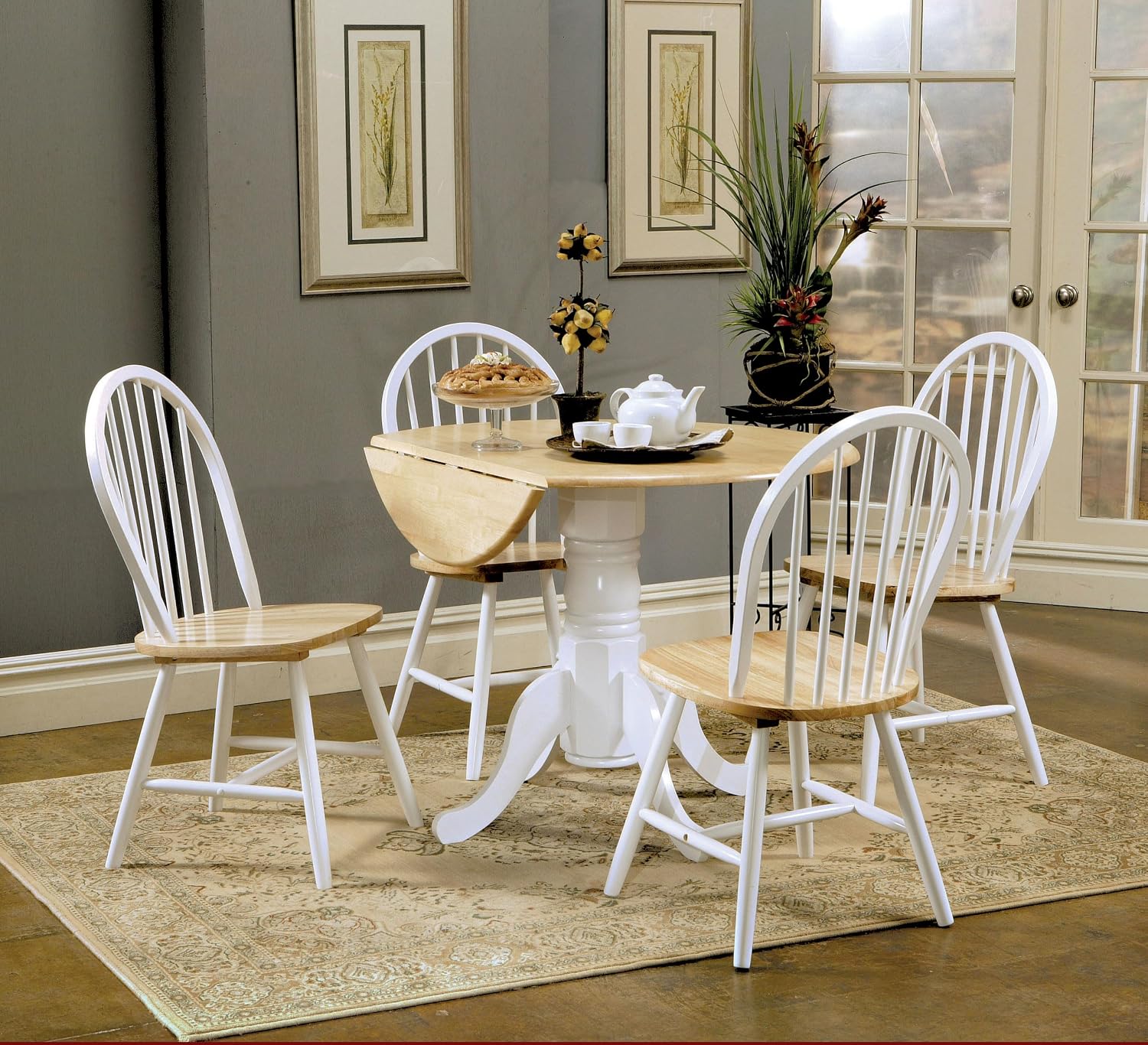 Coaster Home Furnishings - Allison - Wood - 5-Piece Round Drop-Leaf Dining Table Set - Extendable Round Table with Windsor Spindle Back Wooden Dining Chairs - Dining Room - Natural and White - 4241-S5