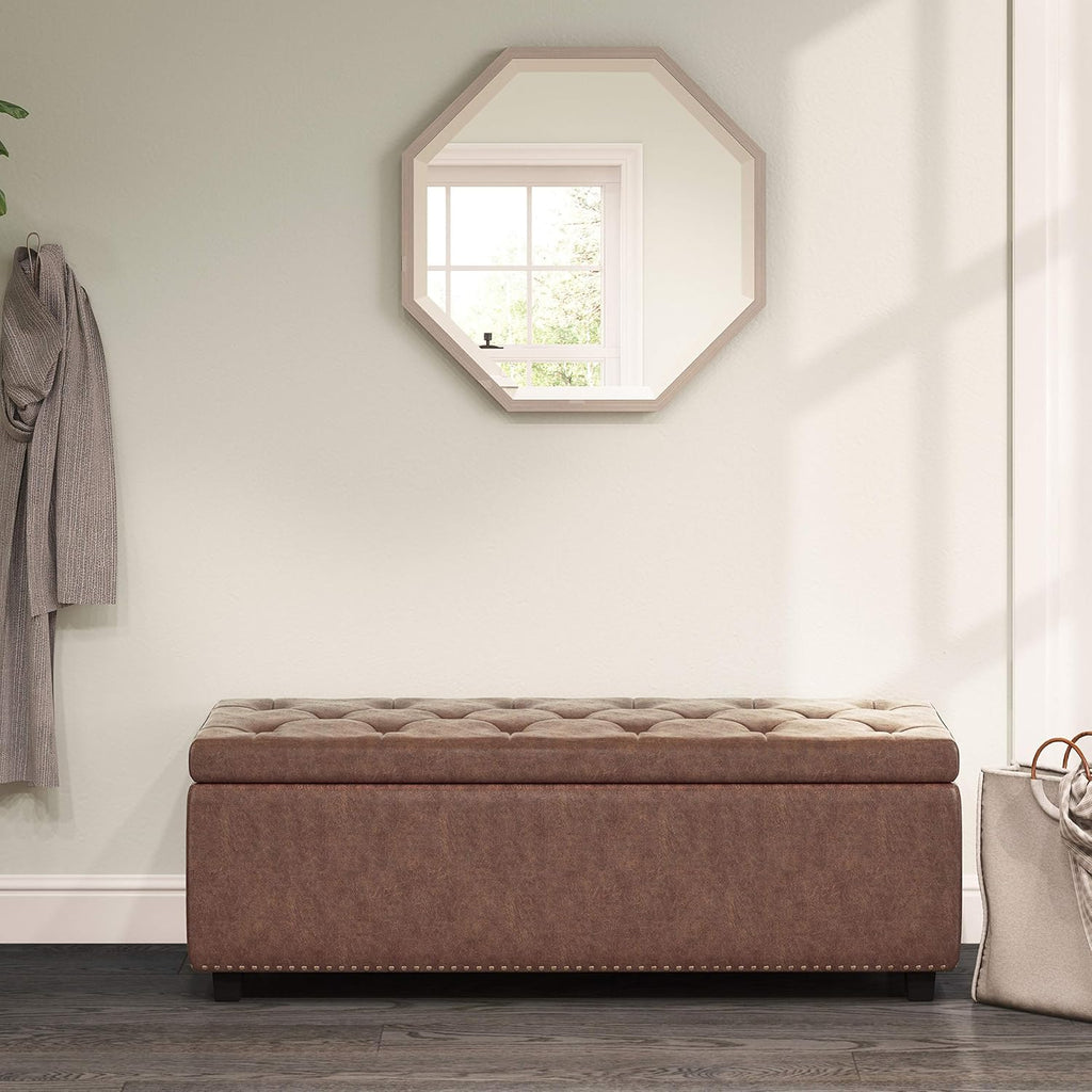 SIMPLIHOME Hamilton Storage Ottoman - 48 inch Wide Upholstered Vegan Leather Rectangle Storage Ottoman Bench in Distressed Umber Brown, Traditional Tufted Ottoman for Living Room with Lift-Up Lid