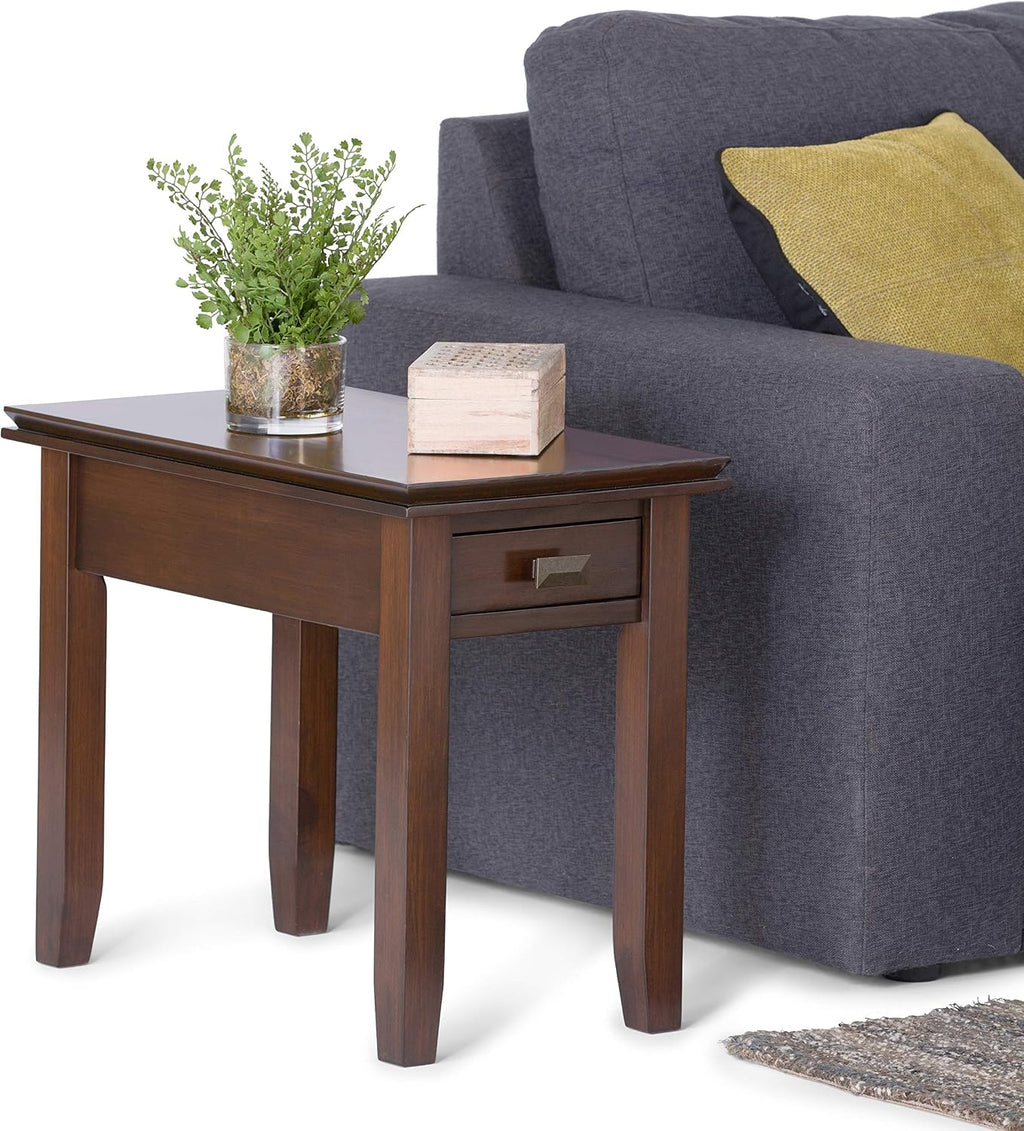 SIMPLIHOME Artisan Narrow Side Table - 14 inch Wide Solid Wood Rectangular End Table with Drawer in Russet Brown, Transitional Nightstand or Lamp Stand for Living Room or Bedroom with Tapered Legs