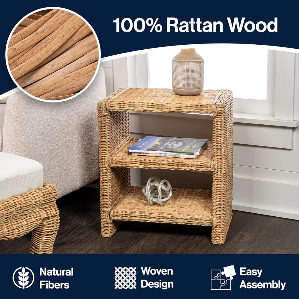 JONATHAN Y Praerie Woven Rattan and Mango Wood 3-Tier End Table, Bohemian Open Shelf Nightstand and Side Table for Living Room, Bedroom, Natural NST1000A
