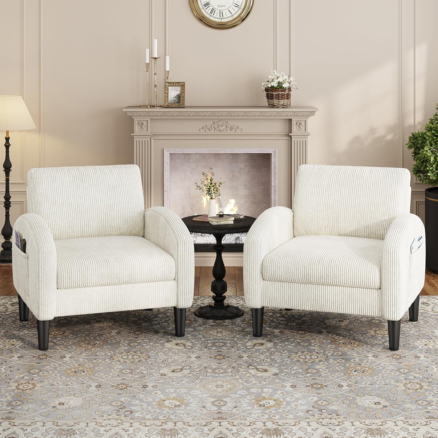Homkdom Accent Chairs Set of 2 for Living Room,Mid Century Modern Reading Chair with 2 Side Pockets,Upholstered Armchair for Apartment,Small Room,Beige
