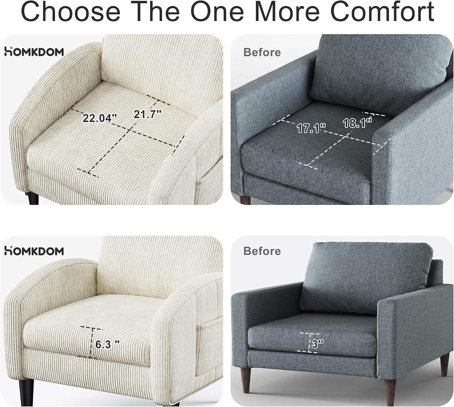 Homkdom Accent Chair for Living Room,Mid Century Modern Reading Chair with 2 Side Pockets,Upholstered Armchair for Apartment,Small Room,Beige