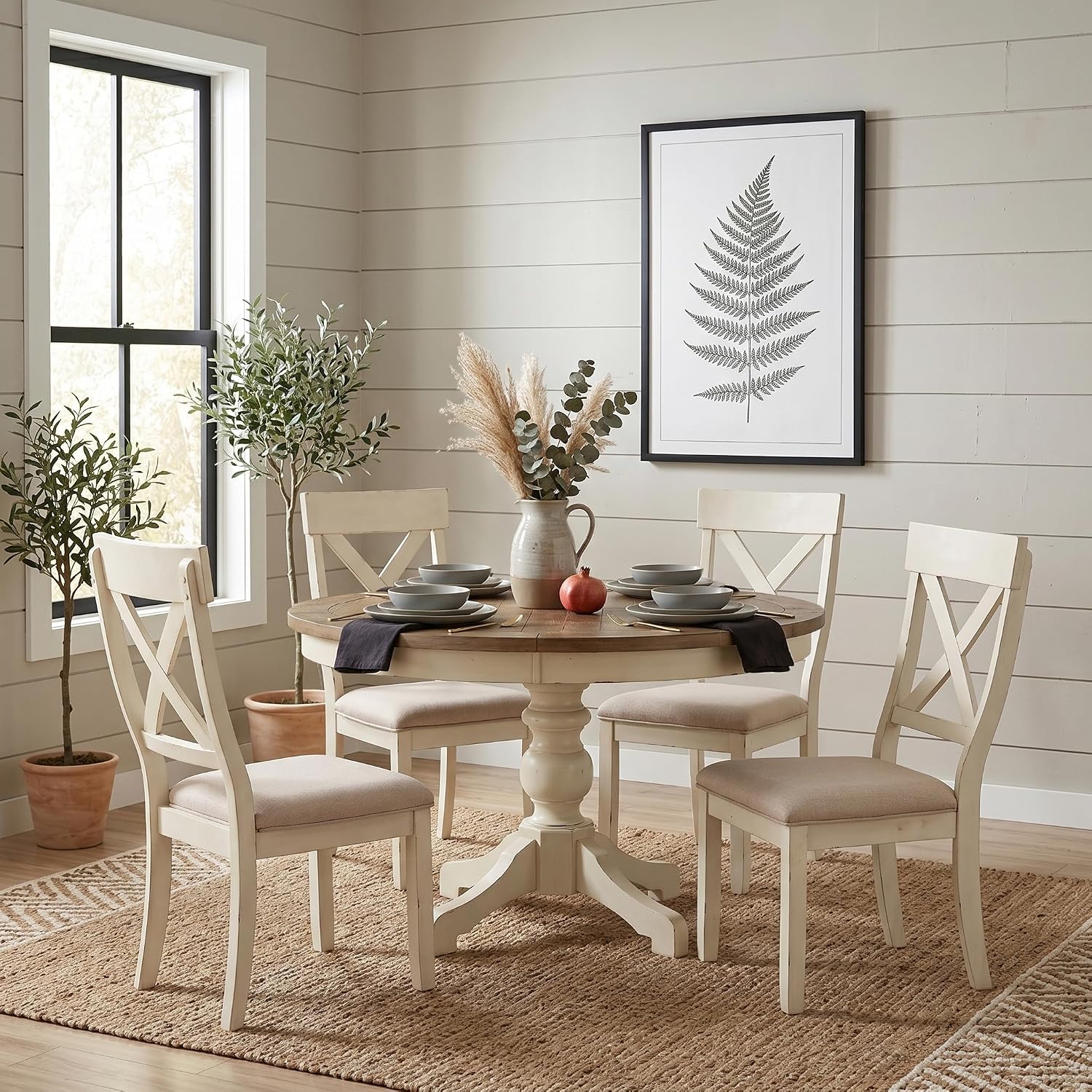 Roundhill Furniture Prato 5-Piece Round Dining Table Set with Cross Back Chairs, Antique White and Distressed Oak