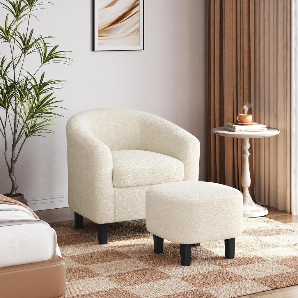 Yaheetech Barrel Chair with Ottoman Set, Boucle Fabric Accent Chair with Soft Padded and Sturdy Legs for Living Room/Bedroom/Study/Waiting Room, Ivory