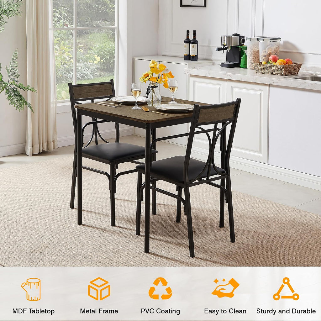 VECELO 3 Piece Dining Table Set for 2, Kitchen Table Set with 2 Chairs for Small Space, Space-Saving and Modern Design, Apartment, Easy to Assemble, Retro Brown