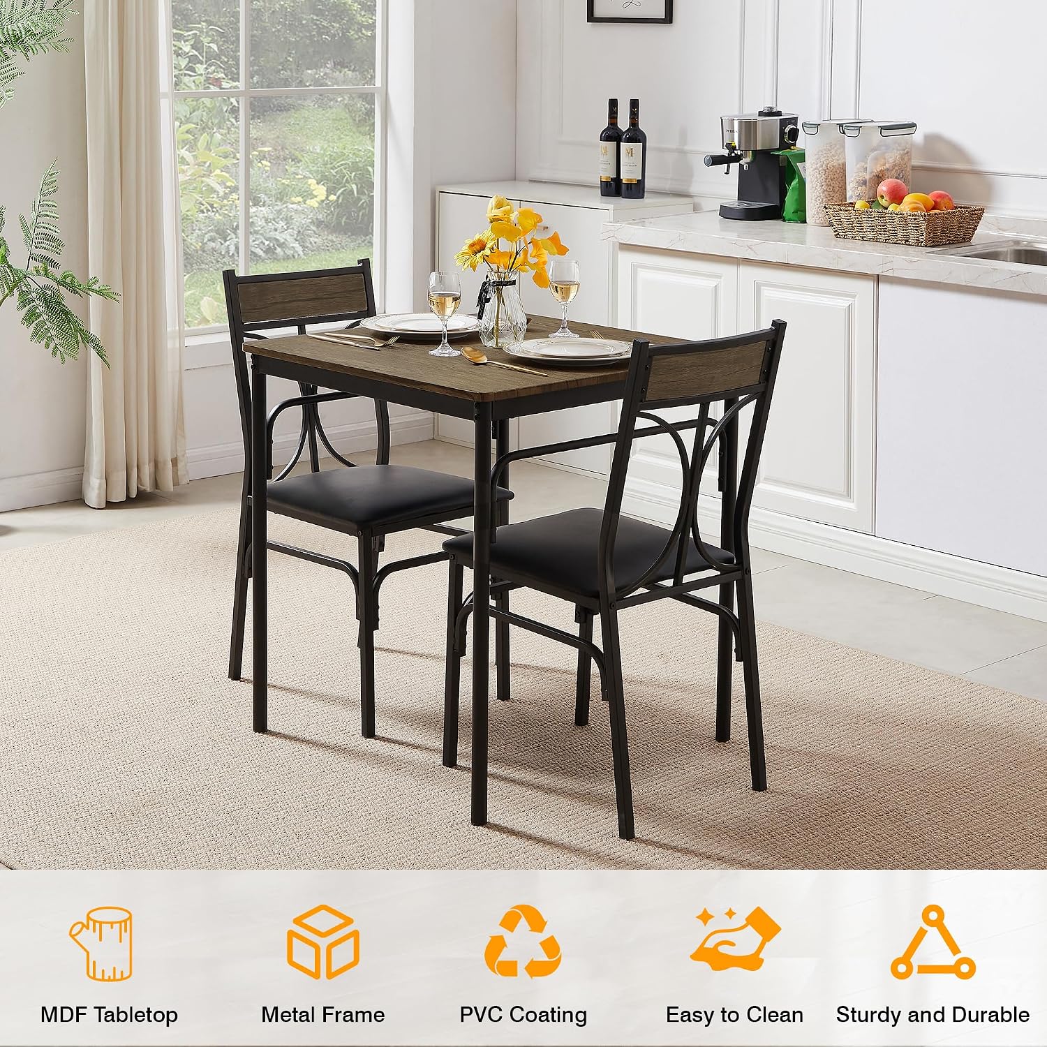 VECELO 3 Piece Dining Table Set for 2, Kitchen Table Set with 2 Chairs for Small Space, Space-Saving and Modern Design, Apartment, Easy to Assemble, Retro Brown