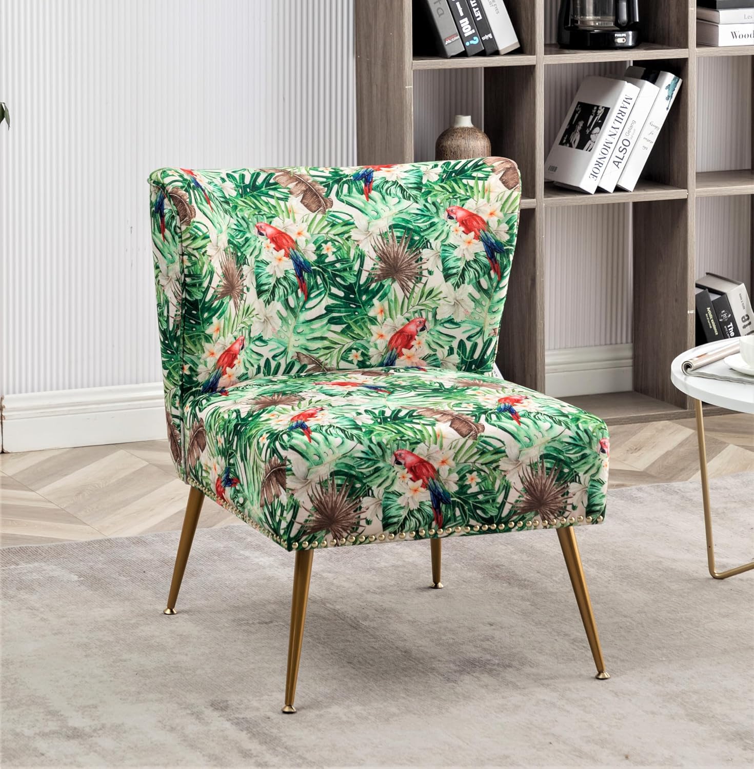 Container Furniture Direct Thia Armless Accent Chair for Living Room, Elegant Seat with Nailhead Trim, Gold Metal Legs and Comfortable Curved Back, 28' D x 25' W x 29.5' H, 06 Floral Print