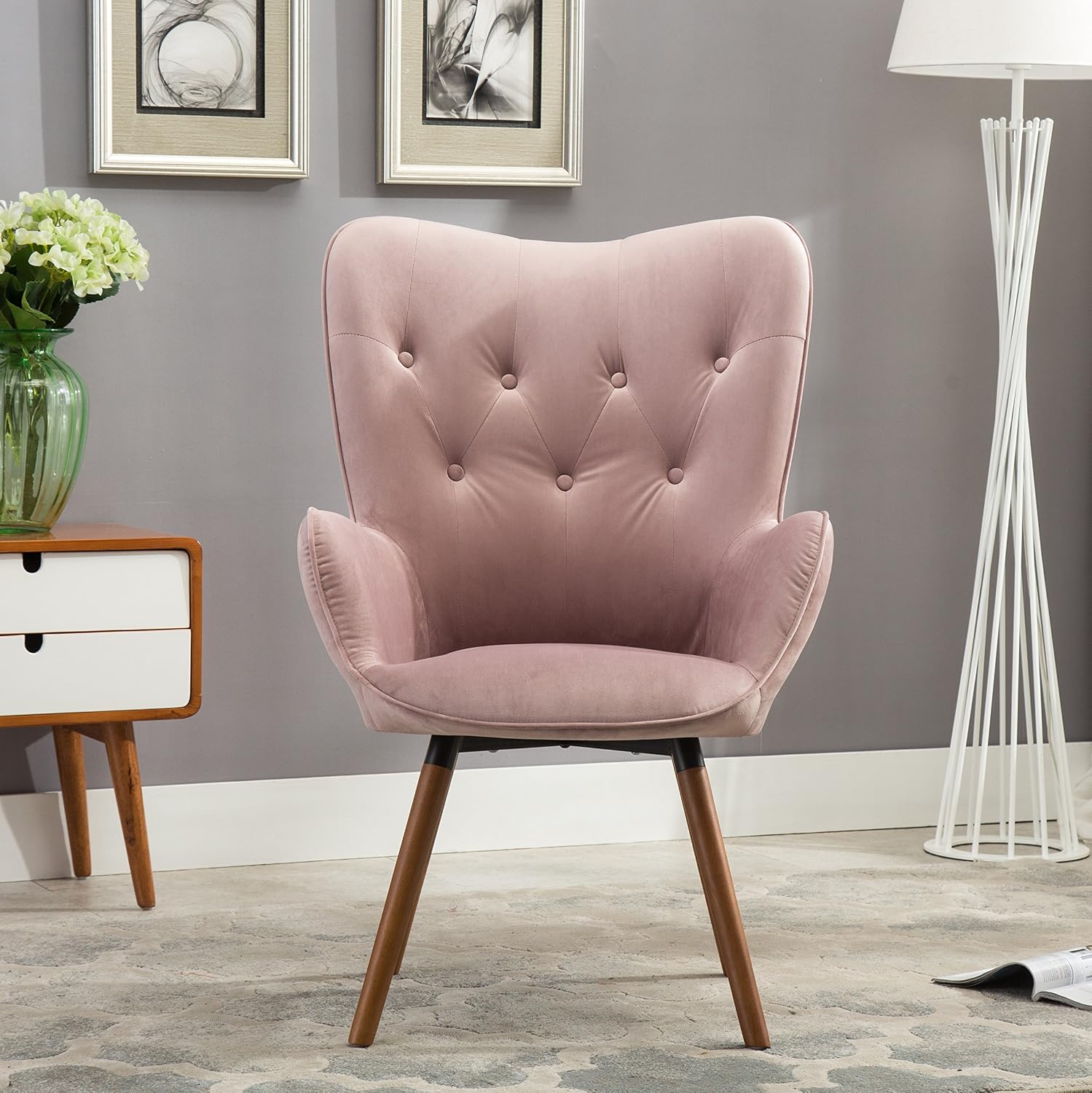 Roundhill Furniture Doarnin Contemporary Silky Velvet Tufted Button Back Accent Chair, Mauve
