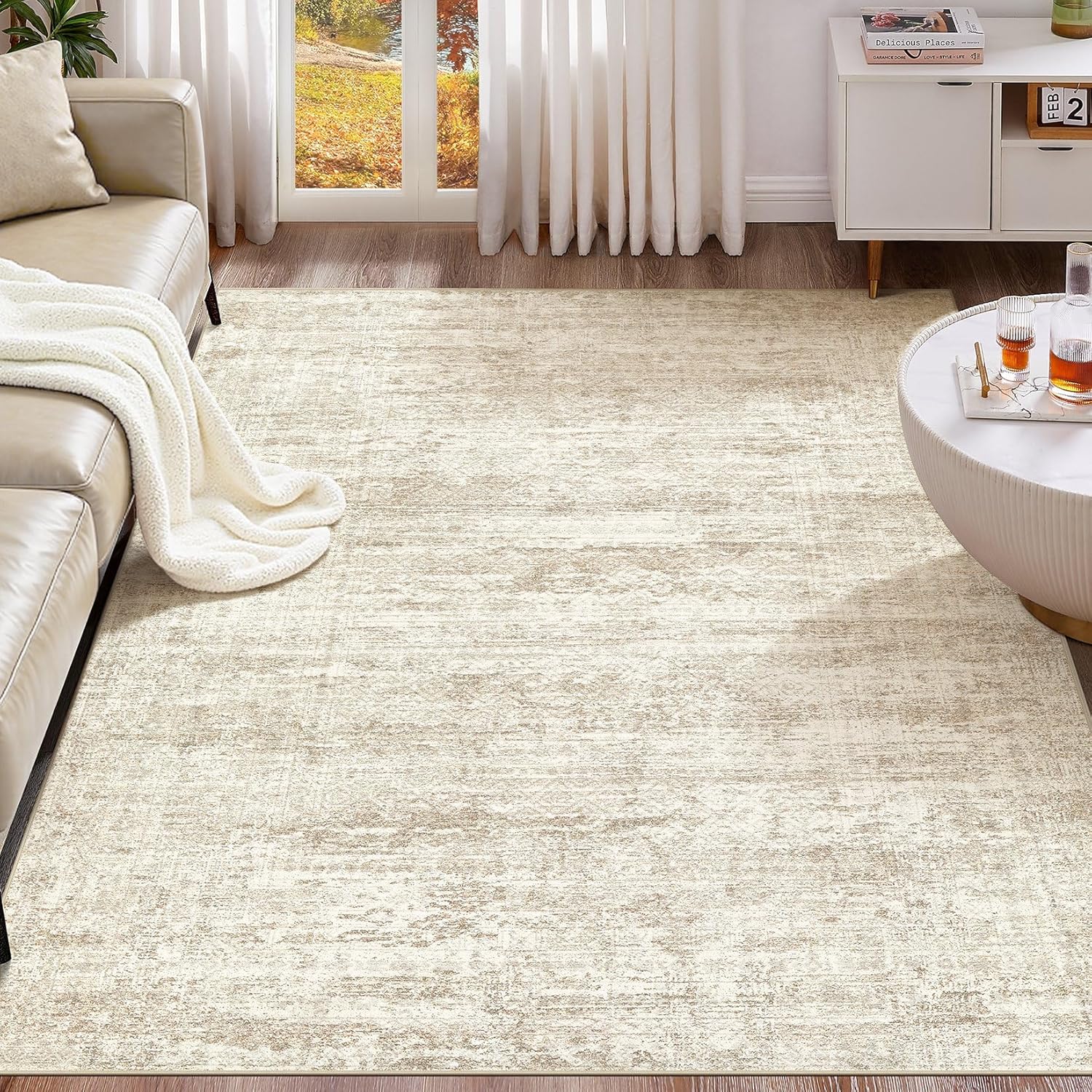 UERMEI 7x9 Area Rug Living Room Rugs - Washable Neutral Modern Abstract Soft Thin Rug Indoor Floor No Slip Rug Carpet for Bedroom Under Dining Table Home Office Decor - Beige/Brown