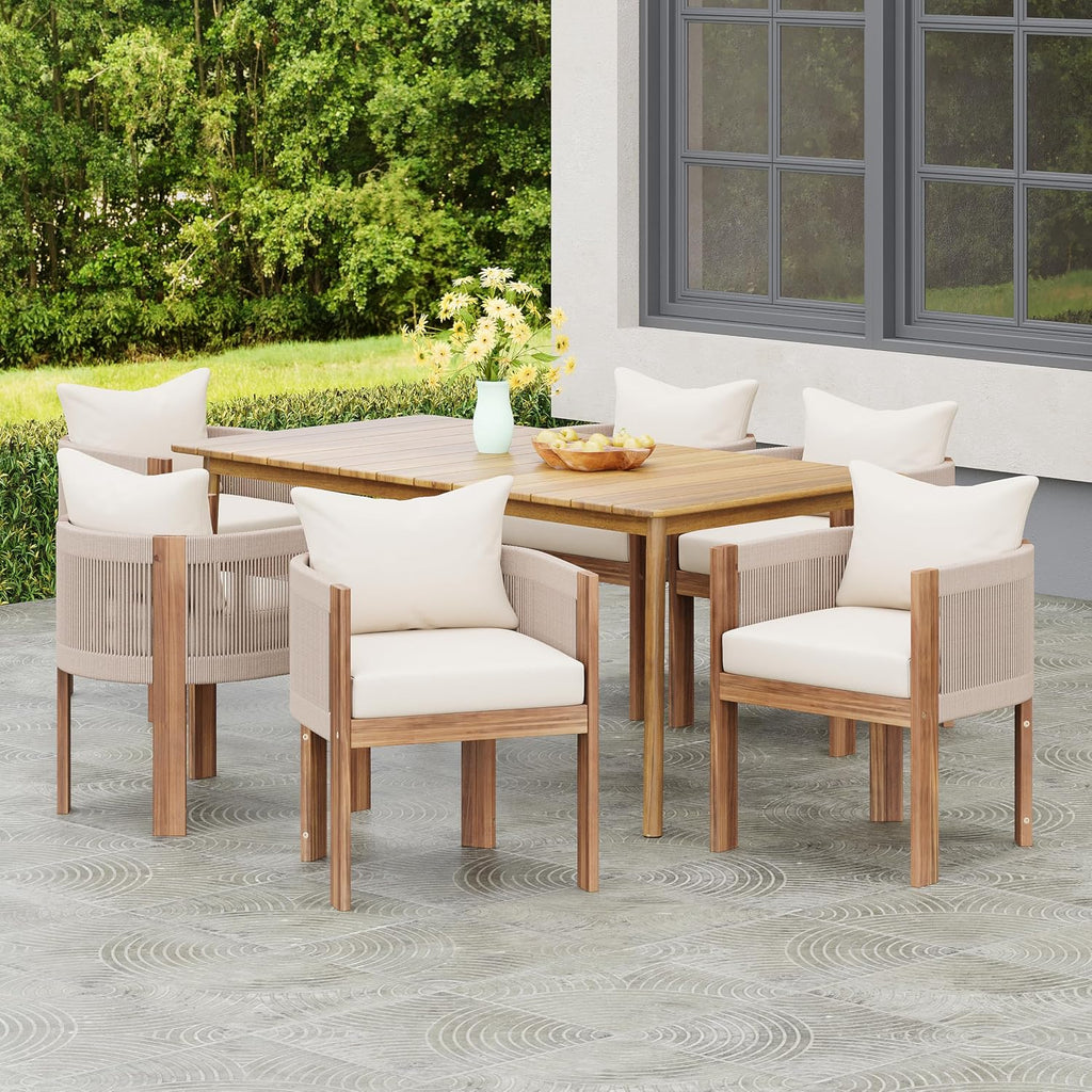 Christopher Knight Home Kclent Patio Acacia Wood Dining Set for 6 People, Outdoor Table & Chairs with Curved Rope Arm, Removable Cushions, 7 Piece Patio Dinner Set for Backyard Deck, Teak+ Beige