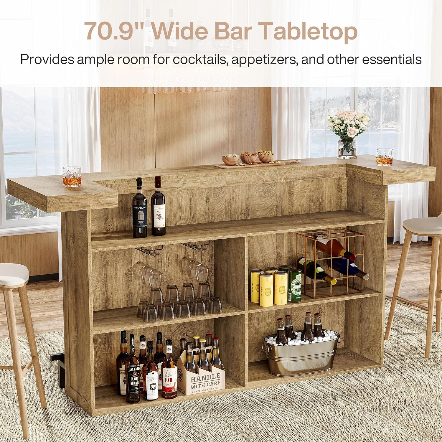 Tribesigns 4-Tier Bar Table, 70.9-Inch Large Wooden Home Bar Unit with Wine Glass Holder and Black Footrest, Pub Table with Storage Shelves for Basement, Dining Room, Living Room, Light Brown