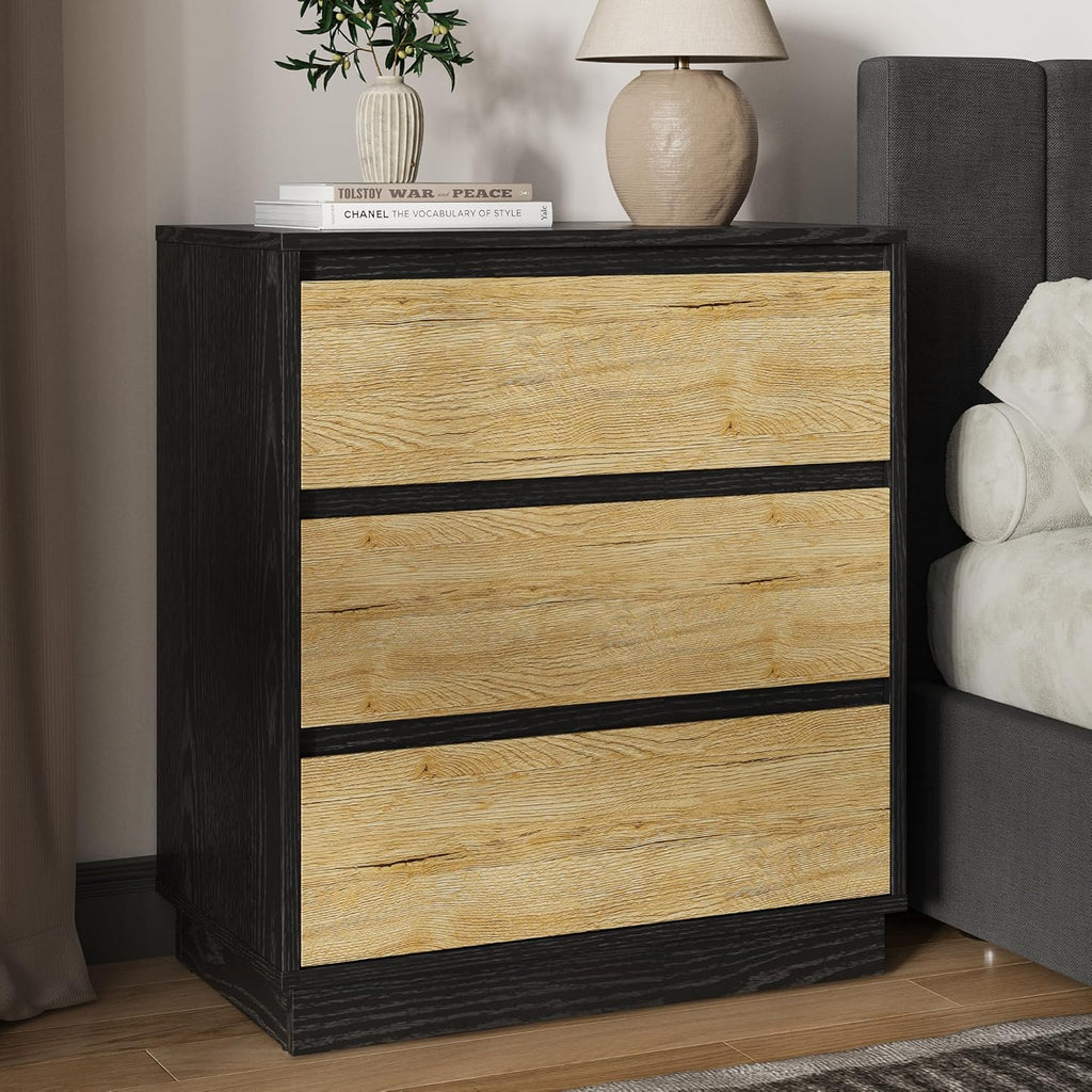 FansaFurn Wide Nightstand Set of 2, Black Nightstand for Bedroom, Large End Table with 3 Drawers, Bedside Table for Home Office, Black and Wood